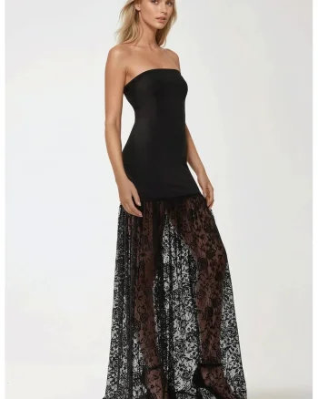 Rochie maxi,  mulata, detalii din dantela, neagra, textil