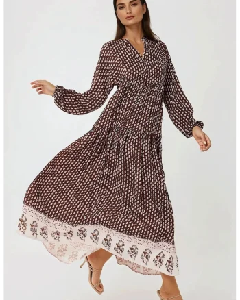 Rochie maxi,  imprimeu, decolteu in V, maro, textil