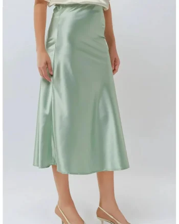 Fusta midi dama  cu talie inalta, satin, verde