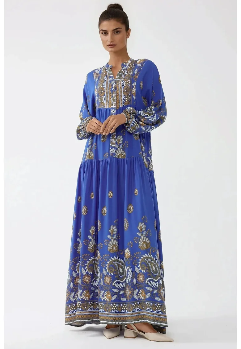 Rochie maxi  maneca lunga, albastra, viscoza