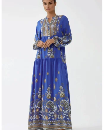 Rochie maxi  maneca lunga, albastra, viscoza