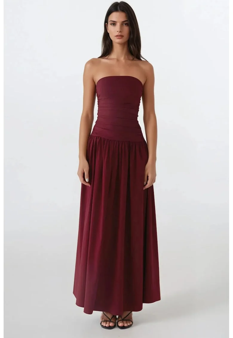 Rochie maxi  fara bretele, volan, rosu, textil