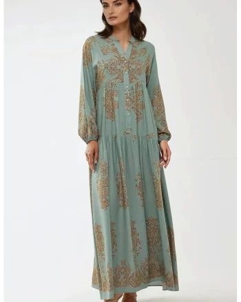 Rochie maxi,  viscon imprimat, guler camasa, verde, textil