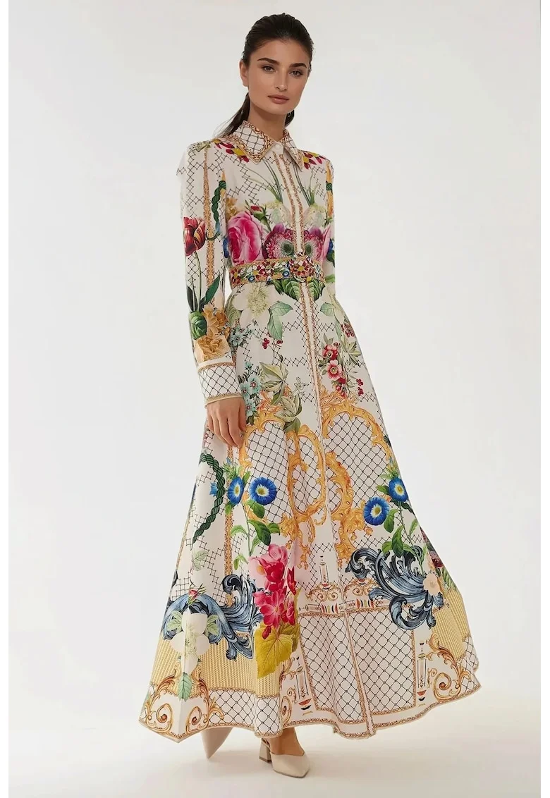 Rochie maxi,  maneca lunga, imprimeu, multicolor, textil