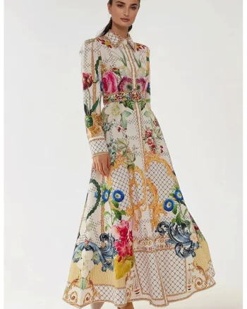 Rochie maxi,  maneca lunga, imprimeu, multicolor, textil