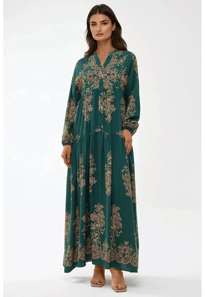 Rochie maxi,  maneca lunga, verde, viscoza
