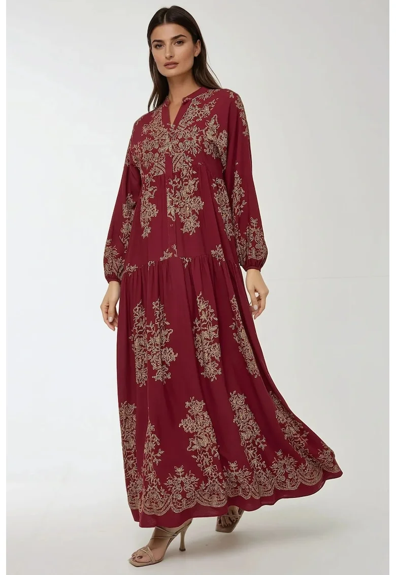 Rochie maxi,  maneca lunga, imprimeu, rosu, viscoza
