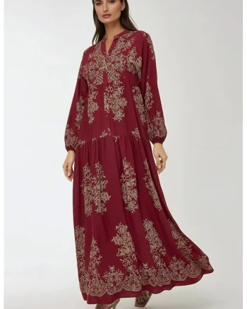 Rochie maxi,  maneca lunga, imprimeu, rosu, viscoza