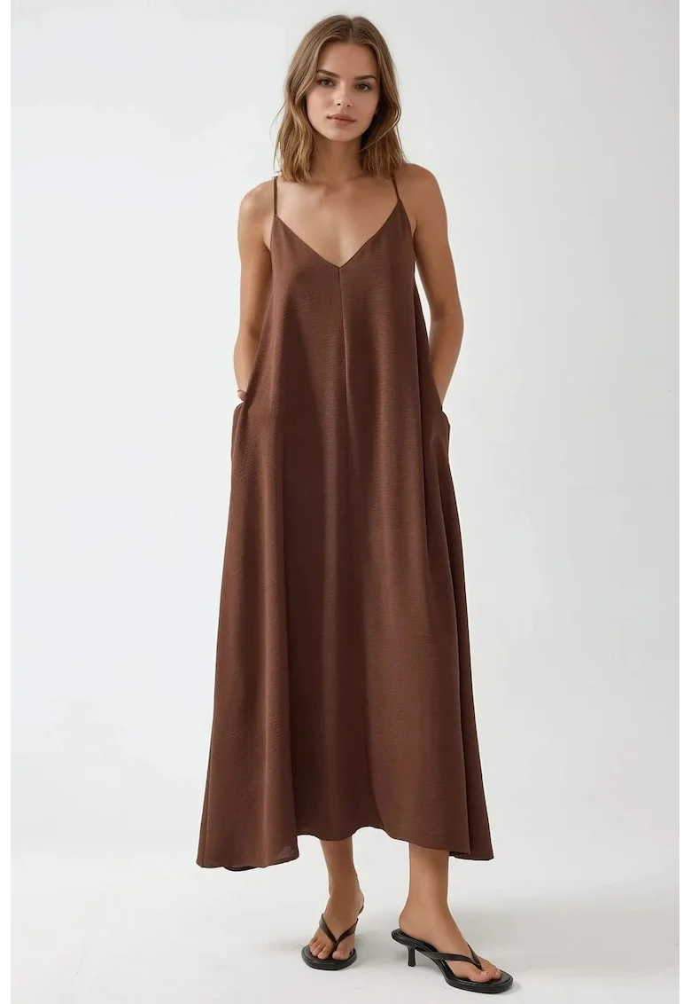 Rochie maxi,  forma de A, maro, textil