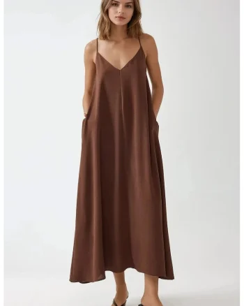 Rochie maxi,  forma de A, maro, textil