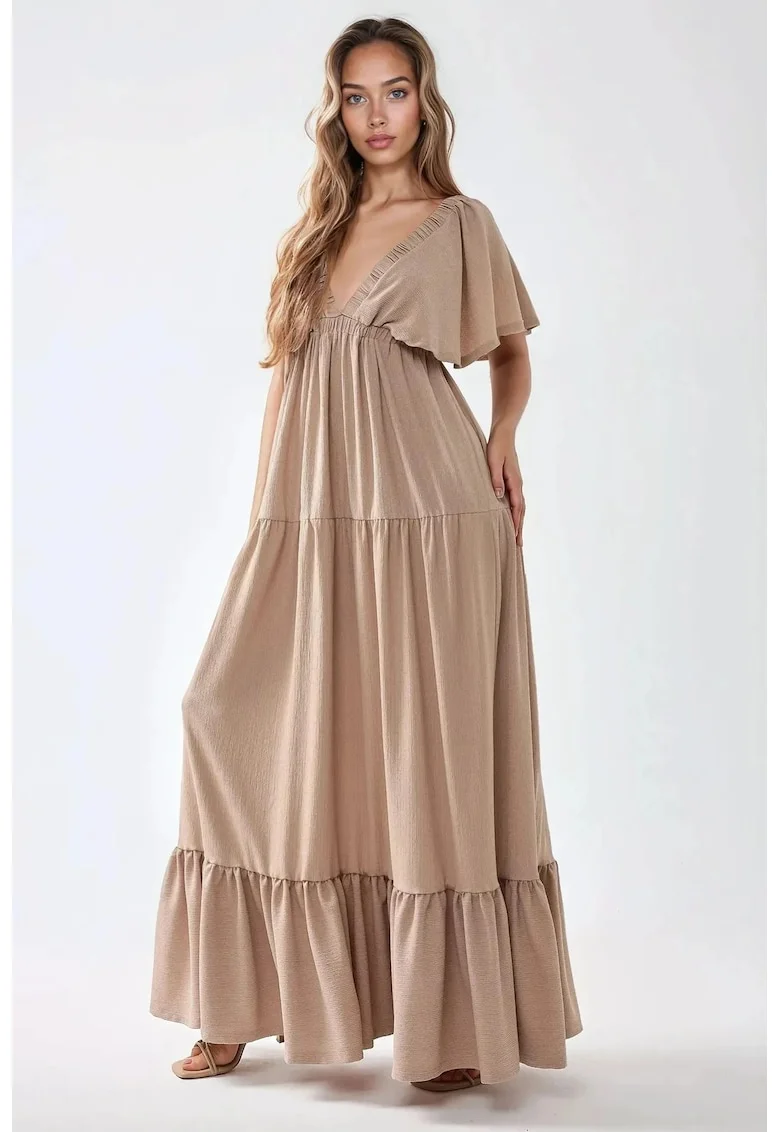 Rochie maxi,  texturata, decolteu in V, maro, textil