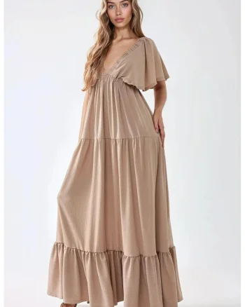 Rochie maxi,  texturata, decolteu in V, maro, textil