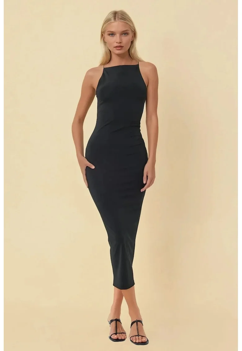 Rochie midi,  guler halter, jerseu, negru