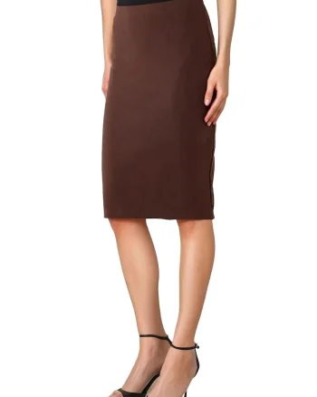 Fusta midi dama  viscoza/nylon, cu talie inalta, maro
