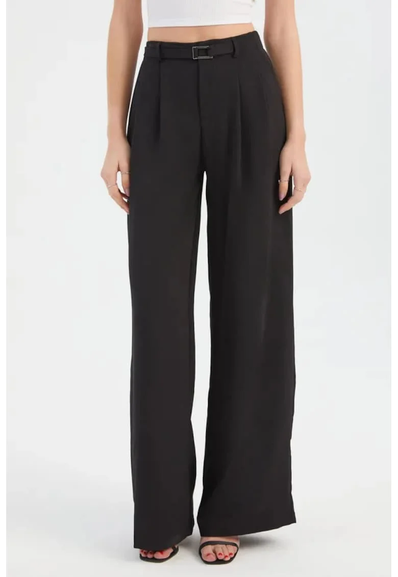 Pantaloni dama,  largi plisati, talie inalta, negri, textil