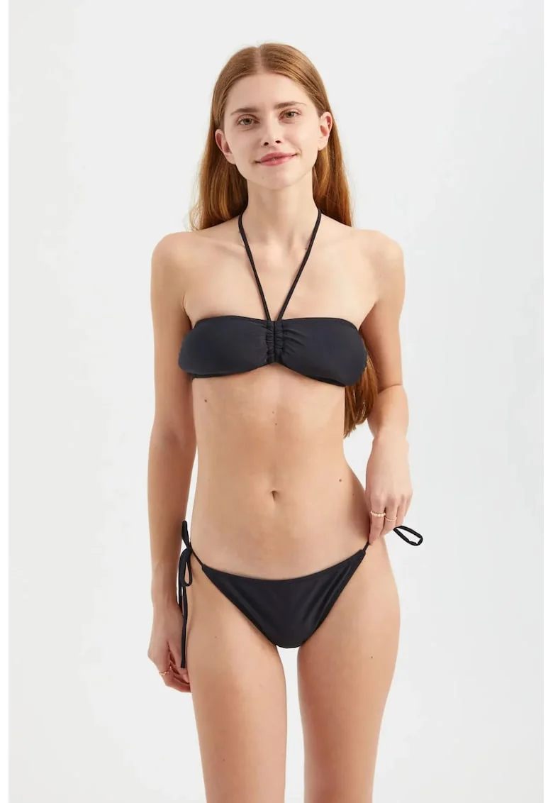 Set bikini,  bandeau, legaturi laterale, negru, textil