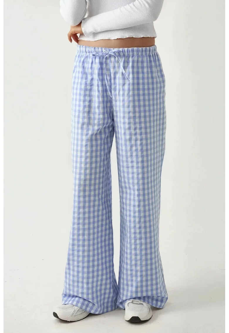 Pantaloni dama,  pantaloni largi in carouri, albastru, textil