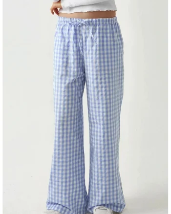Pantaloni dama,  pantaloni largi in carouri, albastru, textil