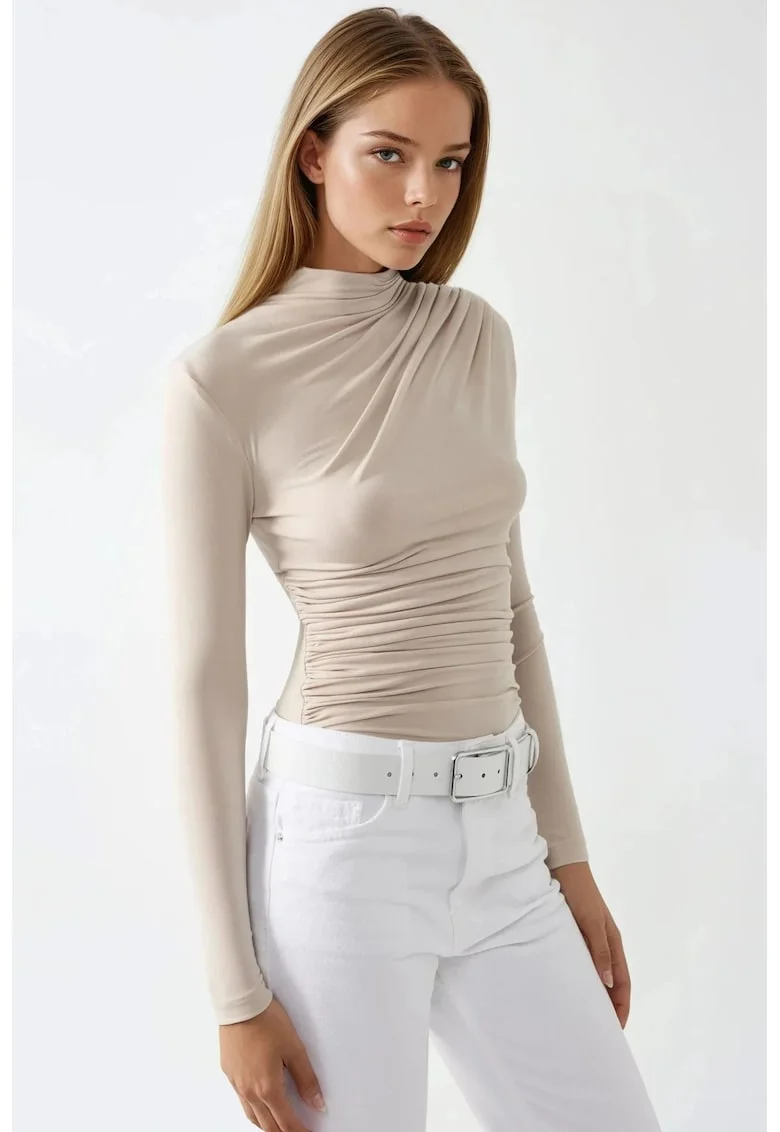 Bluza dama,  guler inalt, poliester/elastan, bej