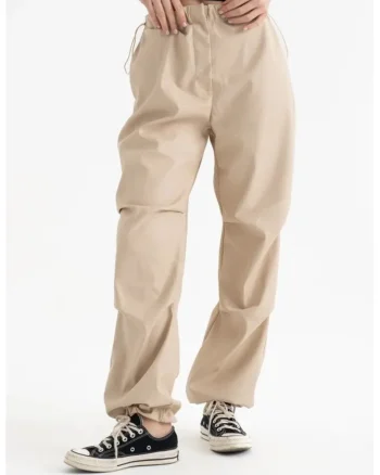 Pantaloni dama,  cargo din piele ecologica, talie inalta, snur, natur