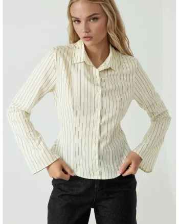 Camasa dama,  camasa cu dungi slim fit, galben, material de inalta calitate