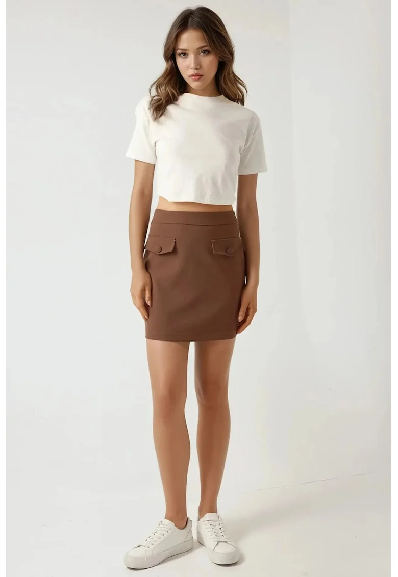 Fusta mini,  colectia Pika, buzunare false, maro, textil