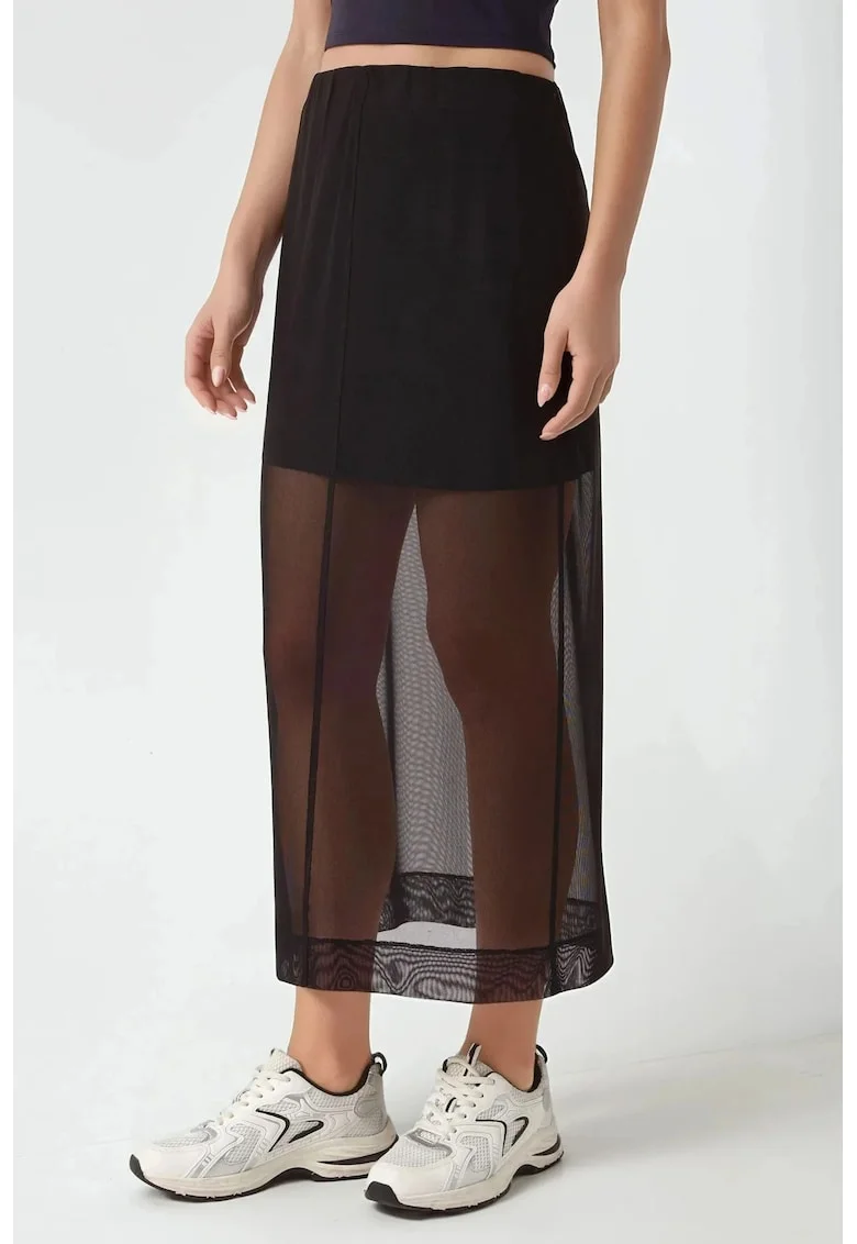Fusta midi dama, bumbac/poliester/dantela,  talie inalta, negru