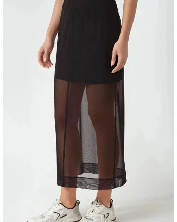 Fusta midi dama, bumbac/poliester/dantela,  talie inalta, negru