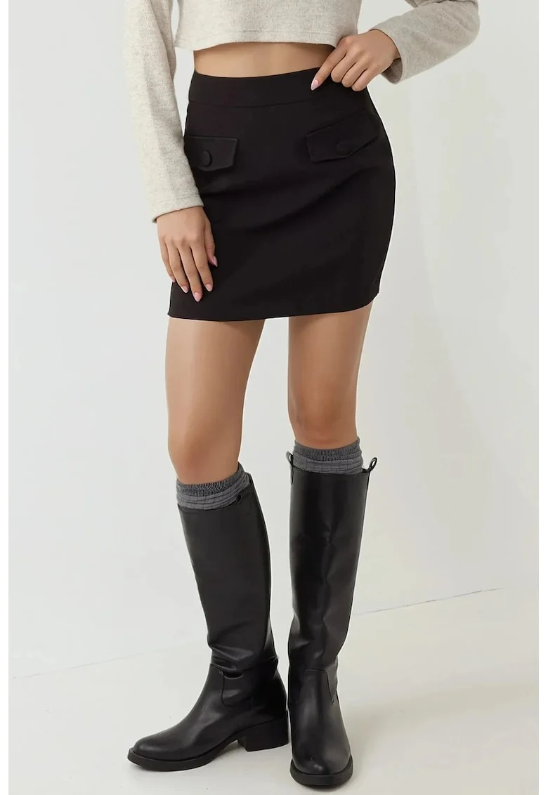 Fusta mini,  colectia Pika, buzunare false, negru, textil