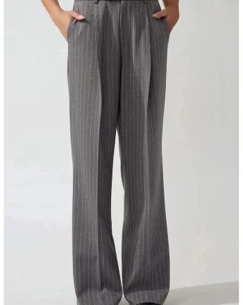 Pantaloni dama,  drepti, plisati, gri, textil