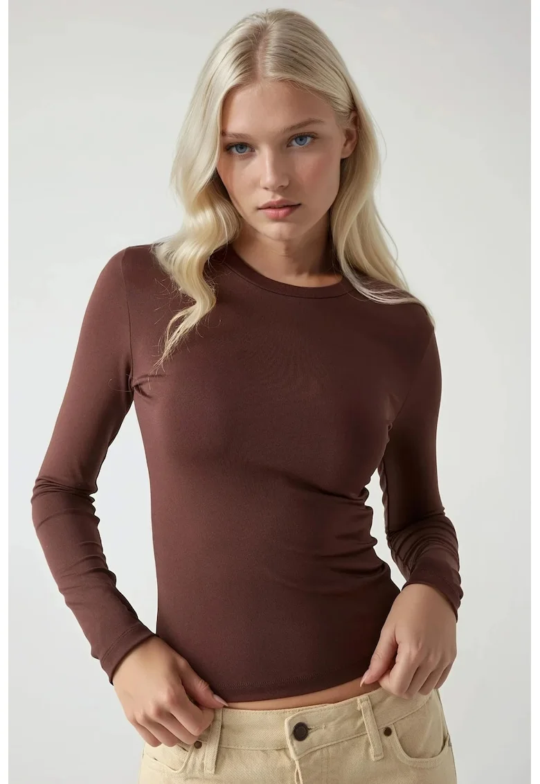 Bluza dama,  slim fit, maneca lunga, guler rotund, maro, jerseu