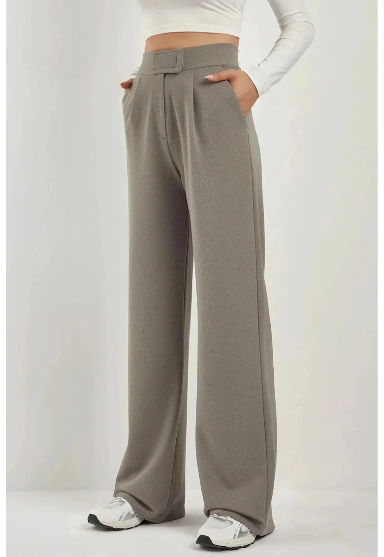 Pantaloni dama,  Palazzo din crep elastic, talie inalta, gri