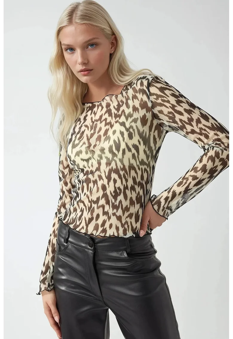 Bluza dama,  cu guler rotund, imprimeu, bej