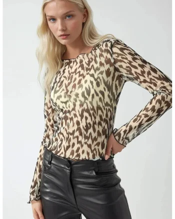 Bluza dama,  cu guler rotund, imprimeu, bej