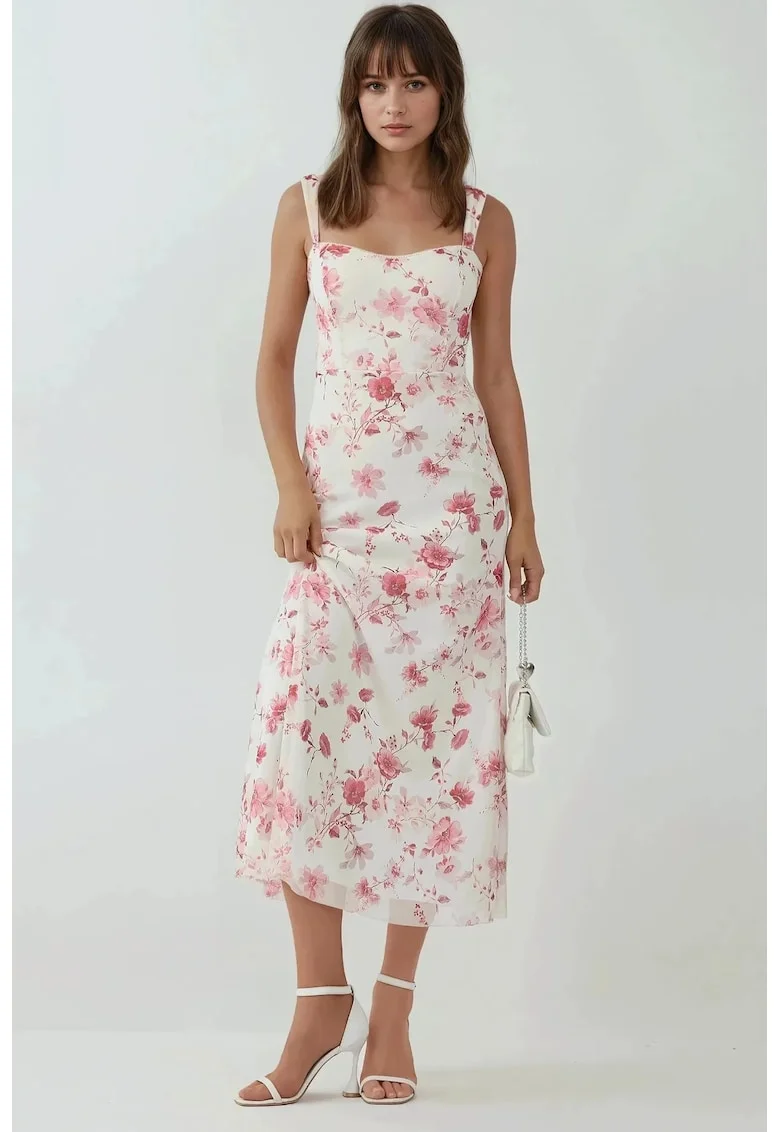 Rochie maxi,  imprimeu, guler cu inima, multicolor, tul