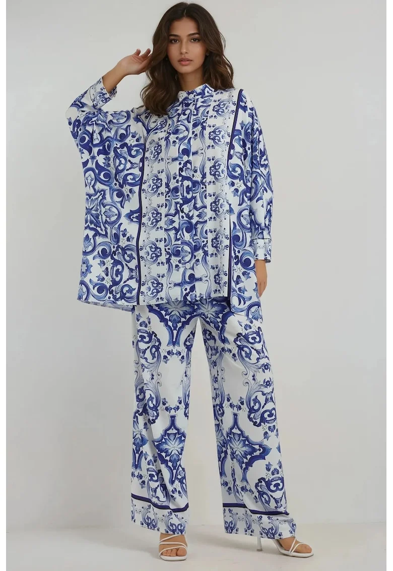 Set doua piese  model floral, talie inalta, croiala larga, albastru, textil