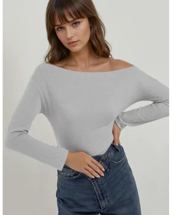 Bluza dama,  cu maneca lunga si guler Carmen, dungi, gri, jerseu