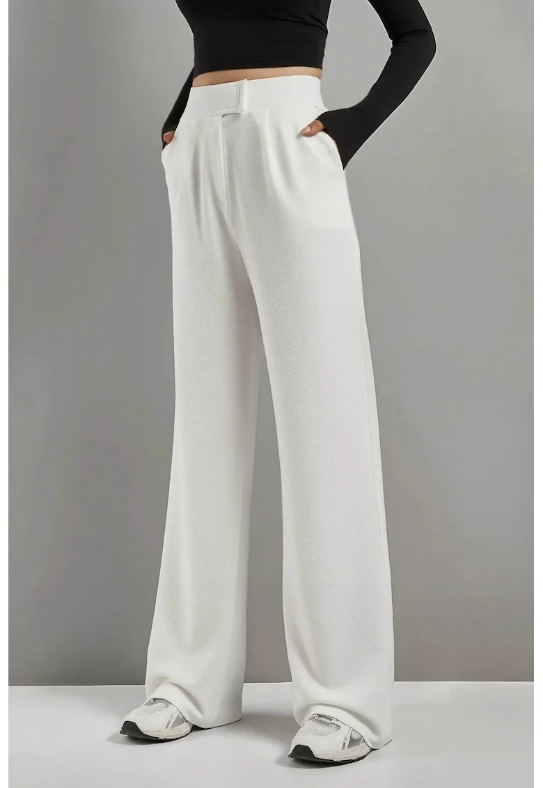 Pantaloni pentru dama,  Palazzo, talie inalta, textil, alb