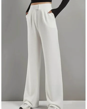 Pantaloni pentru dama,  Palazzo, talie inalta, textil, alb