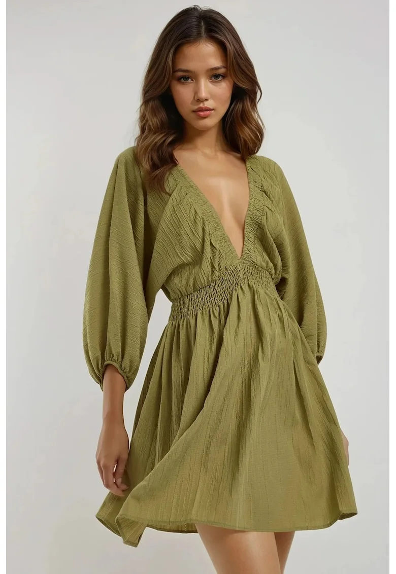 Rochie mini  decolteu in V, maneci lungi, verde, textil