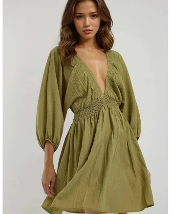 Rochie mini  decolteu in V, maneci lungi, verde, textil