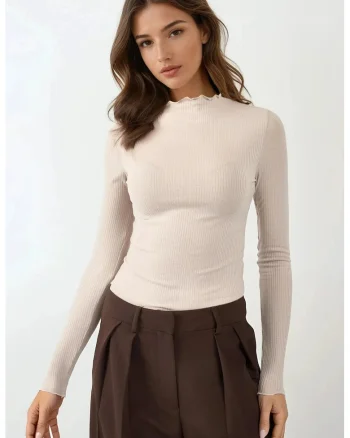 Bluza dama,  texturata, guler rotund, maneca lunga, bej, jerseu