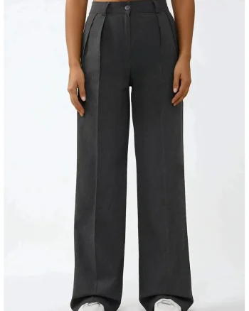 Pantaloni pentru dama,  Palazzo, cu talie inalta, croiala larga, textil, gri inchis