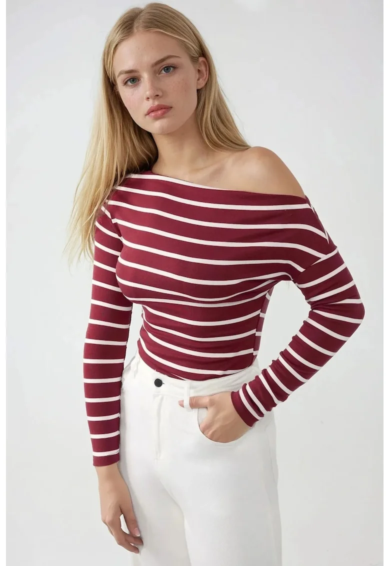 Bluza dama,  cu maneca lunga, guler Carmen, rosu, jerseu