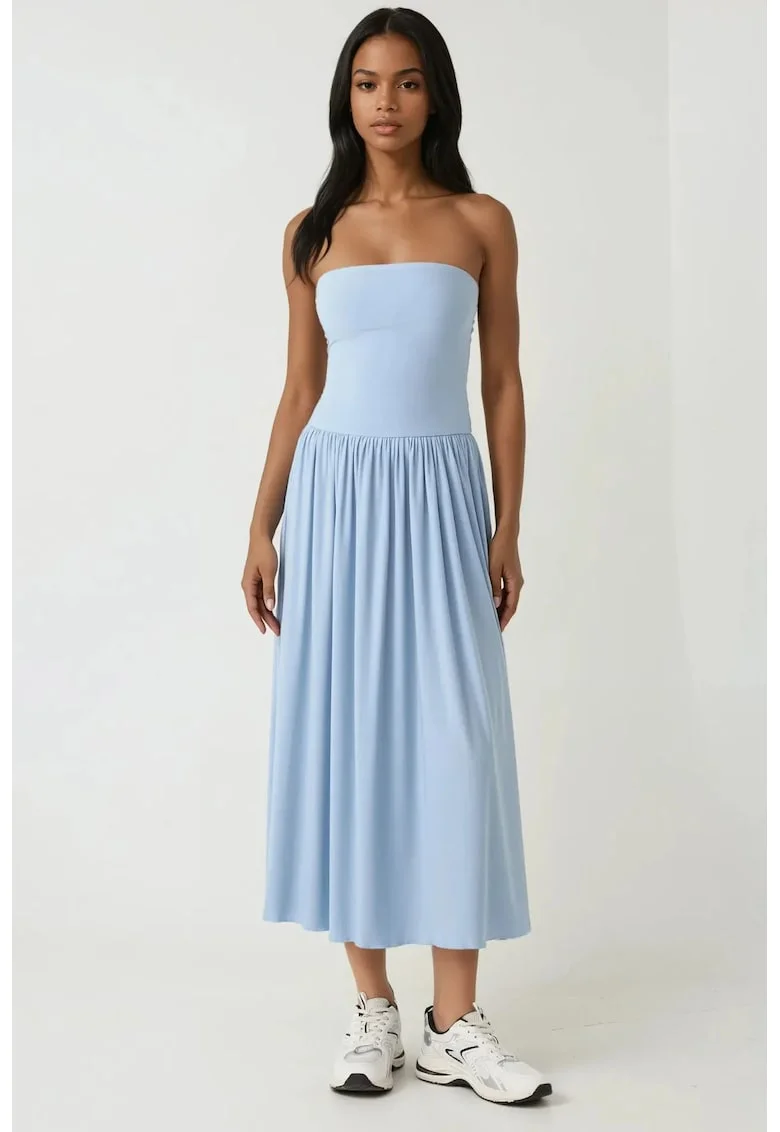 Rochie midi 2 in 1,  fara bretele, elastica, albastra, jerseu