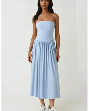 Rochie midi 2 in 1,  fara bretele, elastica, albastra, jerseu