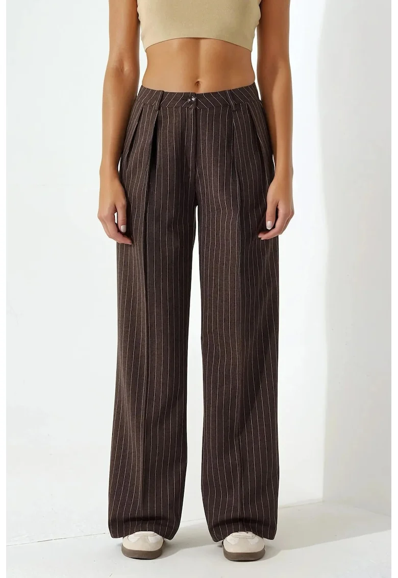 Pantaloni dama,  Palazzo, cu dungi, croiala larga, poliester/viscoza, maro
