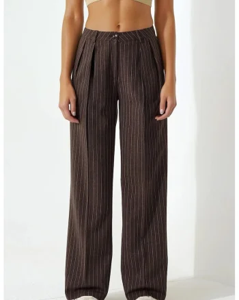 Pantaloni dama,  Palazzo, cu dungi, croiala larga, poliester/viscoza, maro