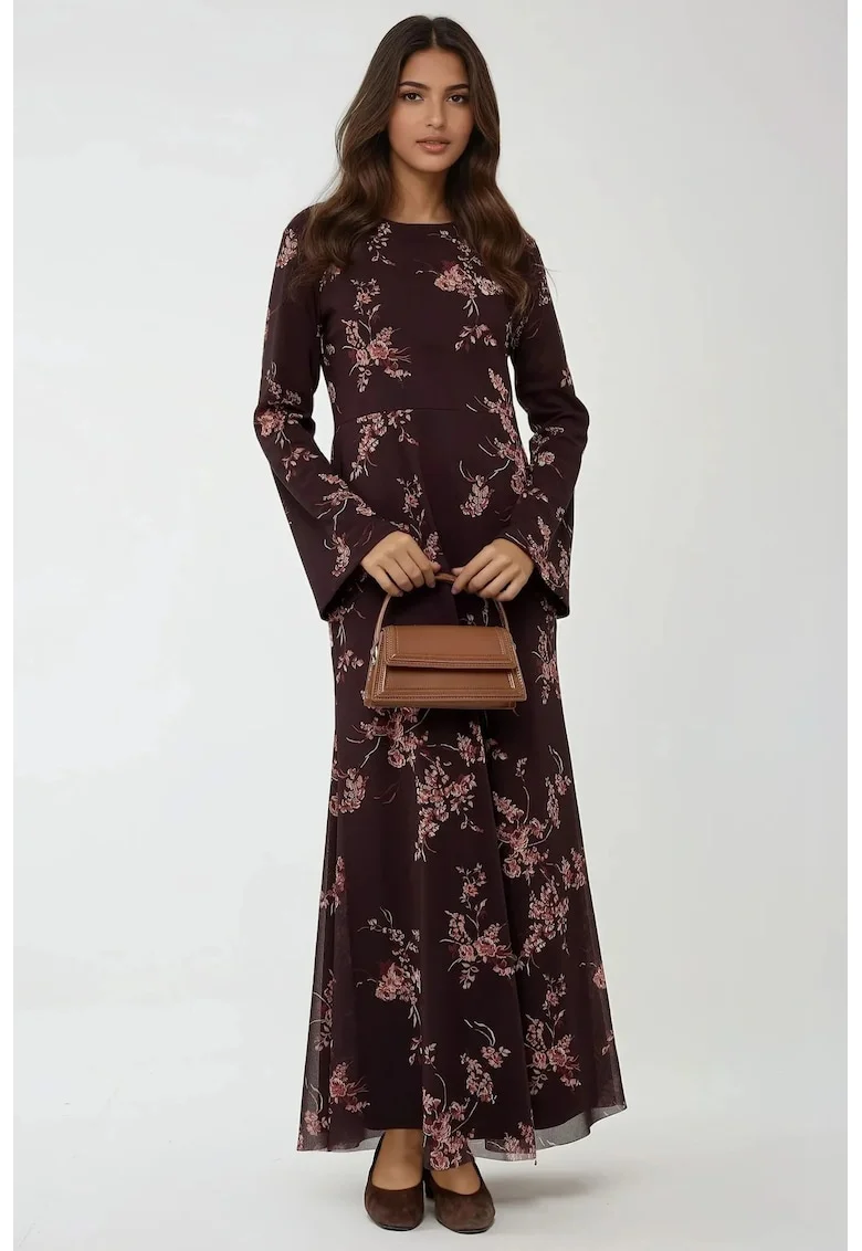 Rochie maxi,  imprimeu floral, multicolor, tul