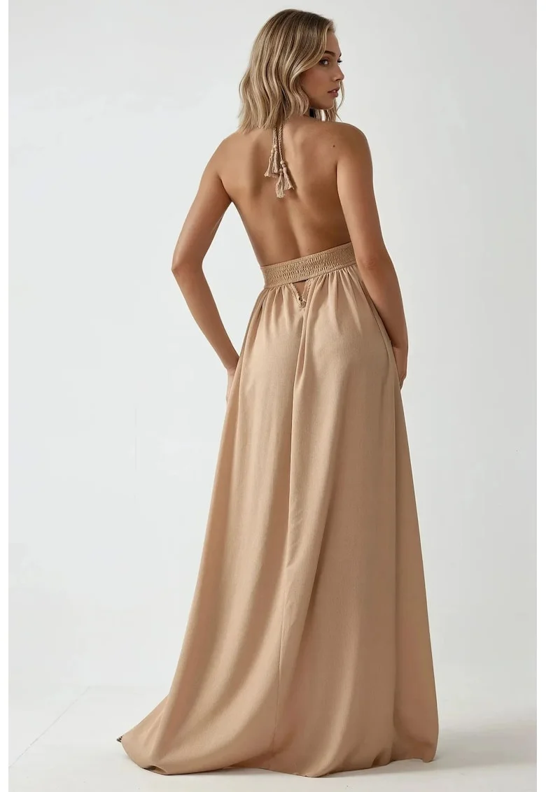 Rochie maxi,  decolteu in V, textil, bej